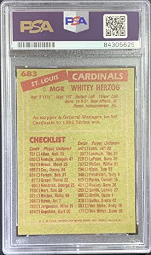 Whitey Herzog Auto Card 1985 Topps 683 MLB St Louis Cardinals PSA inkapsulirano