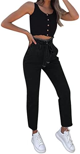 Traperice za žene visoki struk, čipkasta up casual rasteznu laganu frasirani kapri mršavi traper hlače hlače