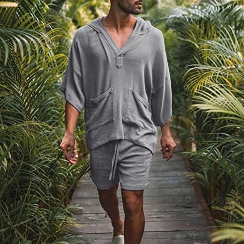 Velika lanena košulja Muška proljetna ljetna povremena set Havajska plaža pamučna posteljina Pola rukava s kapuljačom s dvostrukim