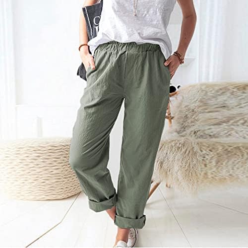 RDEGOOCHA LINEN HARNE za žene gumbe obrezane hlače visokog elastičnog struka džep ljeto povremeni rad hlača rastezanje kaprisa