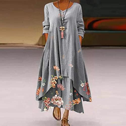 Zefotim haljine za žene 2023 cvjetni ruffle s dugim rukavima V vrat plus veličine slojeve vintage boho casual maxi haljina