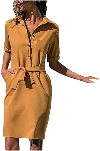 Ženska ljetna radna haljina Slatka ruglica s ovratnikom kratke košulje haljine 3/4 rukava V vrat Office majice Džepovi haljina