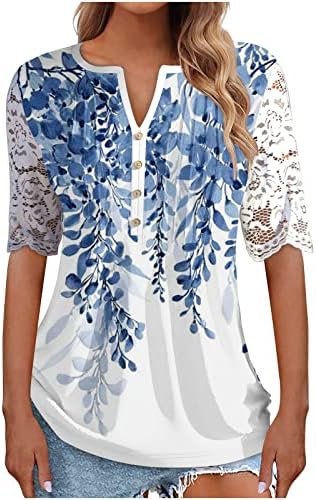Ženski čipkasti vrhovi kratkih rukava gumb V vrat majica Drva casual cvjetni cvjetni print bluze 2023 Ljetna tunika izlazeći vrh