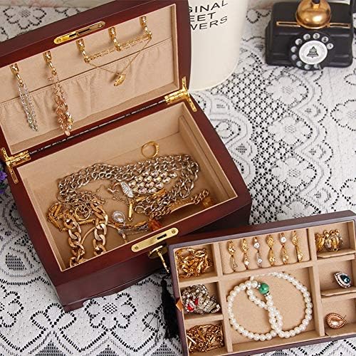 Kutija za nakit od punog drveta, Vintage kutija za nakit za zaključavanje, dvoslojni držač naušnica, ogrlica, prsten