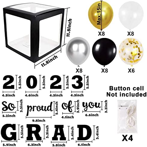 Dekoracije za maturalnu večer 2023.: 4 komada crnih balona u kutiji s LED lampicama, 24 balona i 6 posebnih balona za konfete sa zlatnim